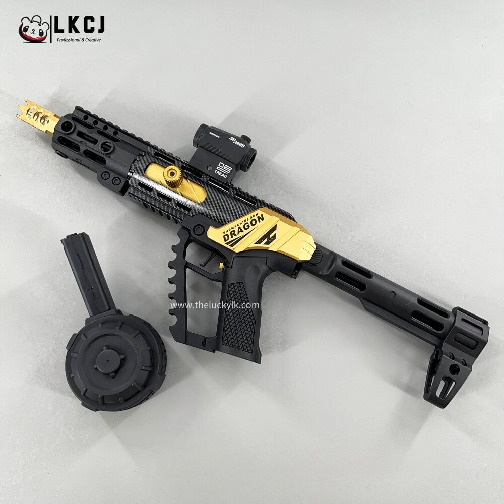 Carbon Fiber Gold Dragon MK17 Gel Blaster Equipped With A Multicolor Illuminated Suppressor